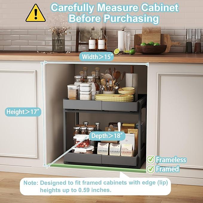 Golener 2-Tier Expandable Pull Out Cabinet Organizer - Pull-Out Drawers for Kitchen Cabinets, 2 Slide Home Storage Organizers, Slide Out Shelves for Base Cabinet Organization in Kitchen, Black Metal - ModernBath
