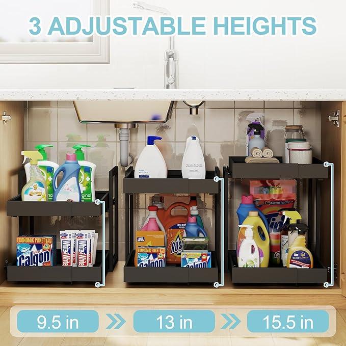 Golener 2-Tier Expandable Pull Out Cabinet Organizer - Pull-Out Drawers for Kitchen Cabinets, 2 Slide Home Storage Organizers, Slide Out Shelves for Base Cabinet Organization in Kitchen, Black Metal - ModernBath
