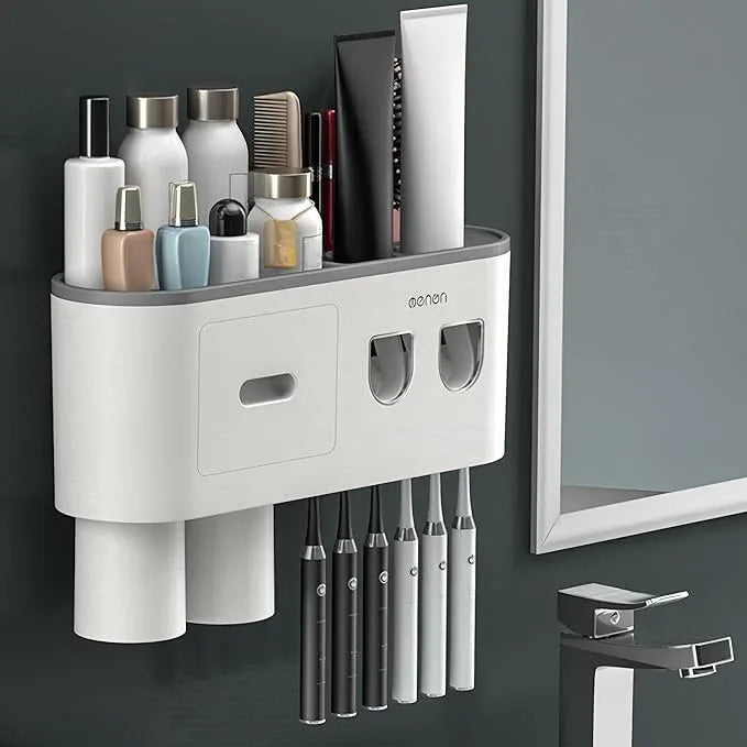 Celsitudo No-Drill Wall Mounted Toothbrush Holder, Bathroom Shelf, with Automatic Toothpaste Dispensers 6 Brush Hooks Magnetic Cups 1 Cosmetic Drawer Organizer and Large Storage (2 Dispensers 2 Cups) - ModernBath