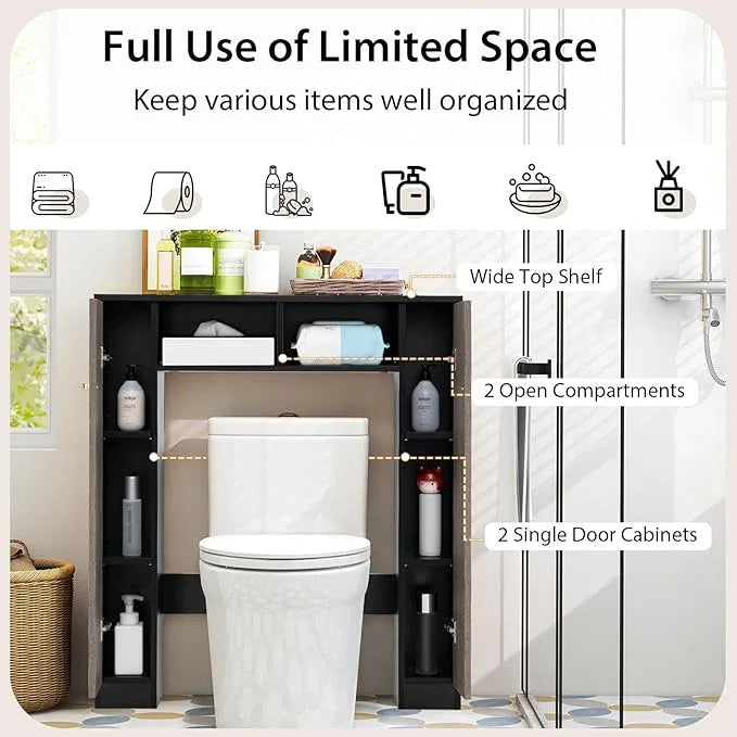 Giantex Over The Toilet Storage Cabinet, Double Door Freestanding Bathroom Organizer w/ 2 Open Compartments & 4 Adjustable Shelves, Bathroom Space Saver, Laundry Room Storage Rack (Black+Oak) - ModernBath