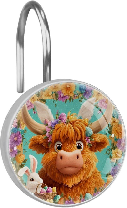 Easter Highland Cows and Flowers Shower Curtain Hooks Rings, Stainless Steel Rust Proof Shower Curtain Hooks, Decorative Shower Hooks for Bathroom Shower Rods Curtains, Set of 12 - ModernBath