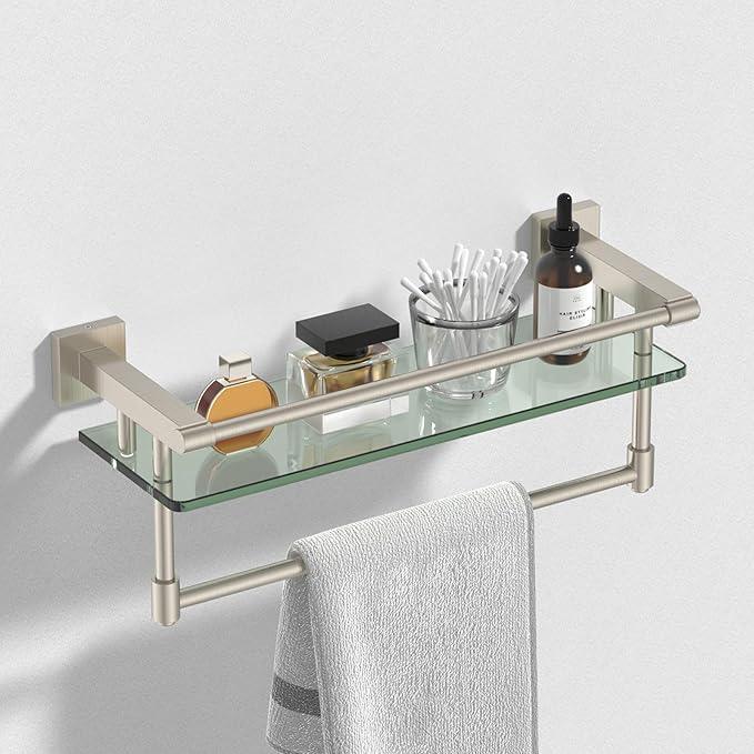 16-Inch Modern Glass Shelf with Towel Bar, 1-Shelf, Brushed Nickel Finish, Wall Mount, Bathroom Organizer - ModernBath