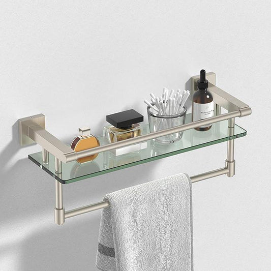 16-Inch Modern Glass Shelf with Towel Bar, 1-Shelf, Brushed Nickel Finish, Wall Mount, Bathroom Organizer - ModernBath