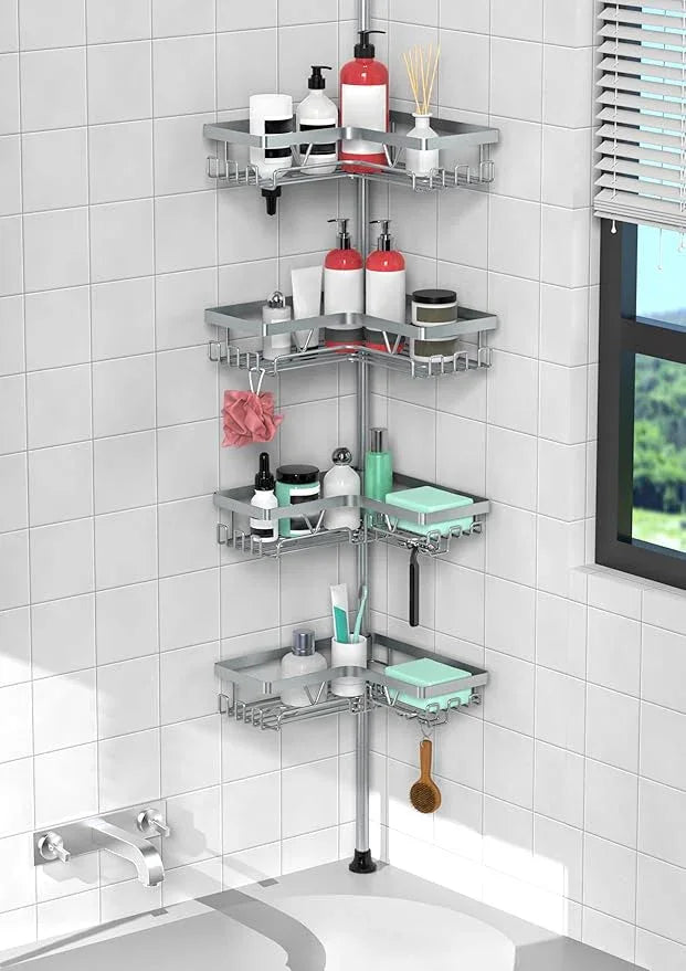 KEGII 4-Tier Corner Shower Caddy Tension Pole - Adjustable Shower Tension Rod Organizer, Floor to Ceiling Shower Caddy 25-114.2 inch, Shower Towel Rack Corner Waterproof, Light Gray - ModernBath