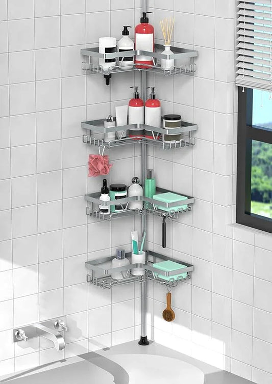 KEGII 4-Tier Corner Shower Caddy Tension Pole - Adjustable Shower Tension Rod Organizer, Floor to Ceiling Shower Caddy 25-114.2 inch, Shower Towel Rack Corner Waterproof, Light Gray - ModernBath