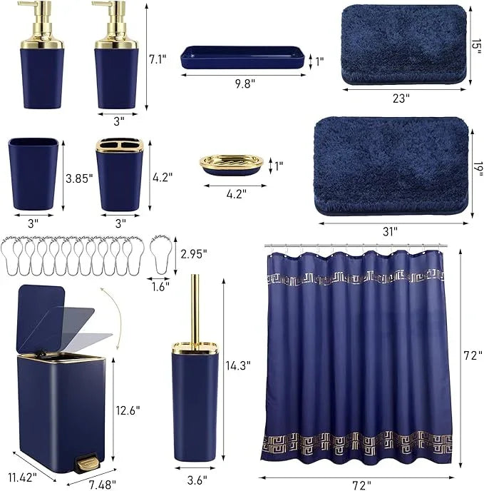 XLHOMO Bathroom Sets with Shower Curtain and Rugs Bathroom Accessories Set Navy Blue Bathroom Set,Soap Dispenser & Toilet Brush Holder Set with Stainless Steel Trash Can - ModernBath