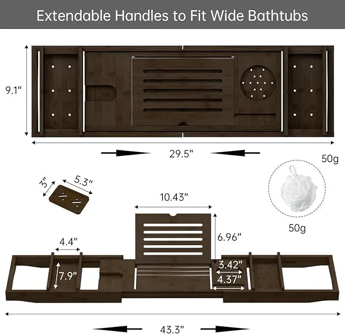 Bamboo Bathtub Tray for Luxury Bathroom, Expandable Premium Bath Tray w/Soap Towel Book Holder, Adjustable Bath Accessories for Tub,Extendable Tub Tray w/Wine Glass Cup Organizer 29.5-43.3" Espresso - ModernBath