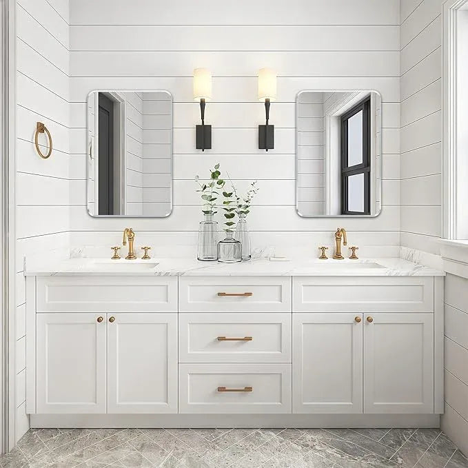 Minuover Wall Mount Mirror for Bathroom, Brushed Silver Metal Framed Rounded Corner Rectangular Vanity Mirror (18" x 24", Silver) - ModernBath