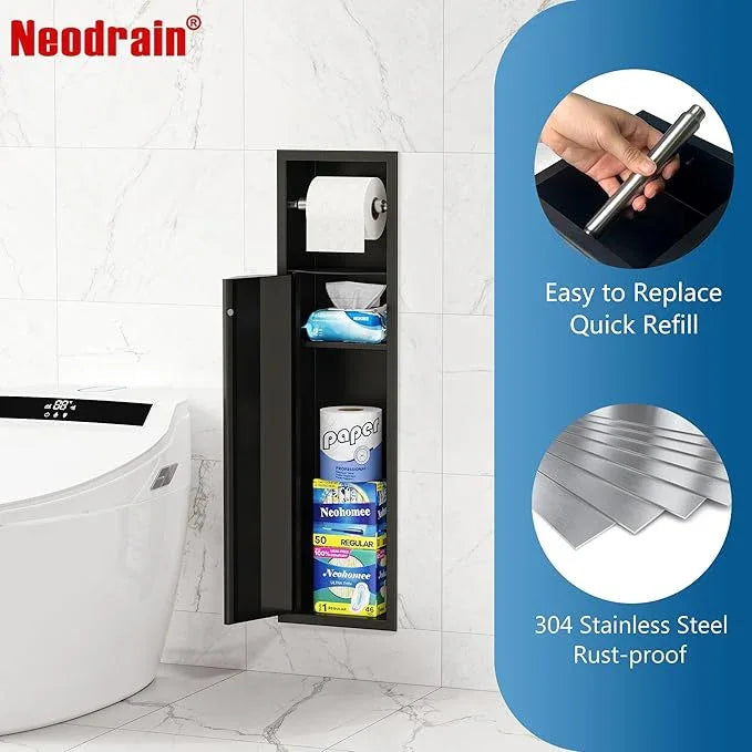 Neodrain Recessed Toilet Paper Holder, Matte Black Tissue Holder with Curved Door, 304 Stainless Steel Bathroom Storage Cabinet for Tissue Rolls, Perfect Depth fits Amarica Drywall - ModernBath