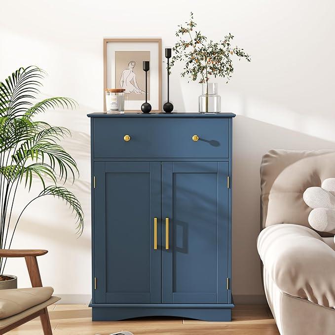 Tangkula Bathroom Floor Cabinet, Modern Freestanding Bathroom Storage Cabinet w/Large Pull-Out Drawer, 2 Doors, 3-Position Adjustable Shelf, Ideal for Living Room (Drawer & Cabinet, Navy Blue) - ModernBath