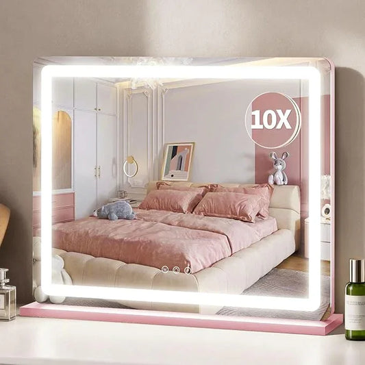 ROLOVE Pink Makeup Mirror with Lights, 23x18 Inch - 3 Color Modes, Dimmable LED Light up Mirror with 10X Magnification - Pink Vanity Mirror Wall&Tabletop Mount for Teen Girls - ModernBath