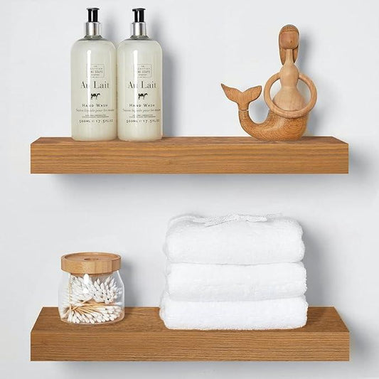 Homeforia 18 inch Golden Oak Floating Shelf, High End Solid Real Wood 18inch Small Floating Shelves for Wall Mounted, Oak Wooden 18in Floating Shelves, Heavy Duty Bracket, 18 X 6.5 X 1.75 in, Set of 2 - ModernBath