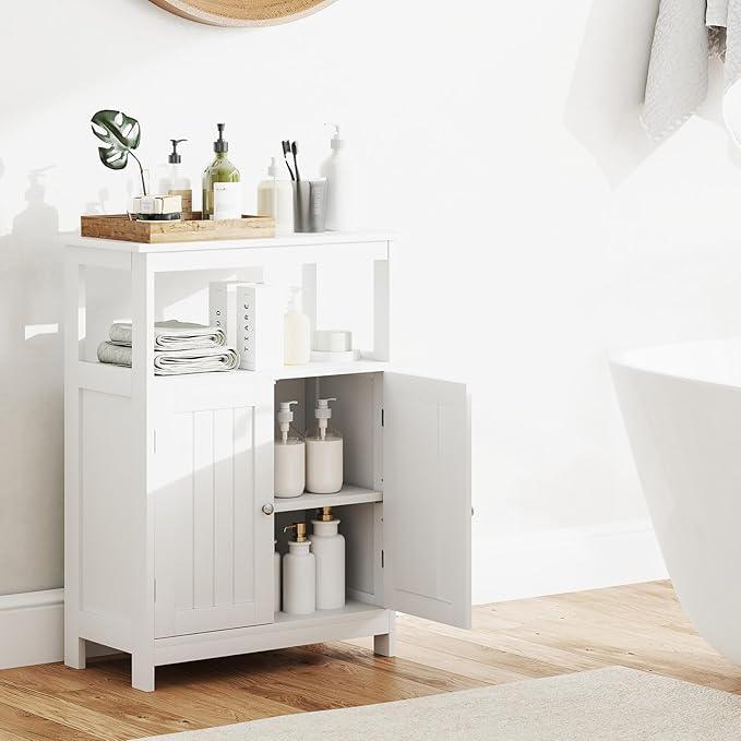 GOFLAME Bathroom Cabinet, Floor Storage Organizer with 2 Doors, 2 Open Shelves, 3-Level Adjustable Shelf, Modern Storage Unit for Laundry Room, Entryway, Living Room, White - ModernBath