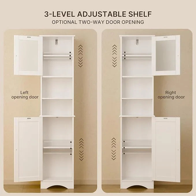 Gizoon 67.1" Tall Bathroom Storage Cabinet with Adjustable Shelves, Narrow Tall Linen Tower with Open Shelves, Two-Way Doors Freestanding Cabinet with Anti-Tip, for Home, Kitchen, Living Room, White - ModernBath