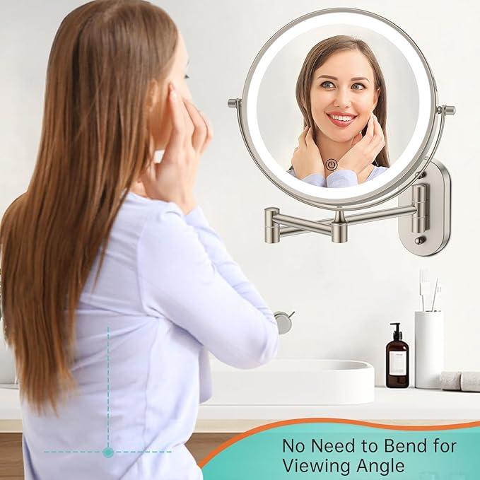 5000mAh Rechargeable Wall Mounted Lighted Makeup Vanity Mirror, Double Sided 1X 30X Magnifying Bathroom Mirror, 3 Color Lighting, Touch Screen Dimming, Extended Arm 360 Rotation Shaving Mirror - ModernBath