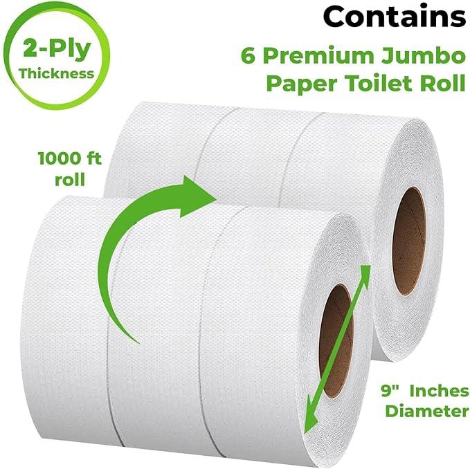 Commercial toilet paper - Jumbo toilet paper rolls -6,000 FT Industrial 2-Ply 9” Bulk Large Roll for Standard Jumbo Dispenser -100% Recycled Fibers-Soft and Absorbent Bathroom Tissue -6 Roll Case Pack - ModernBath