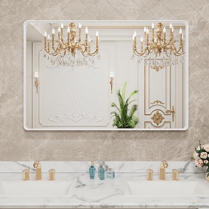 LOAAO 48x30 Inch White Metal Framed Bathroom Mirror for Wall, White Bathroom Vanity Mirror Farmhouse, Large Rounded Rectangle Mirror, Anti-Rust, Tempered Glass, Hangs Horizontally or Vertically - ModernBath