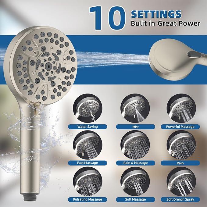 12" All Metal Shower Head, High Pressure 10-Spray Handheld Showerhead Rainfall Shower Head Combo with 11" Adjustable Shower Extension Arm, 71" Hose, Shower Head Holder, Brushed Nickel - ModernBath