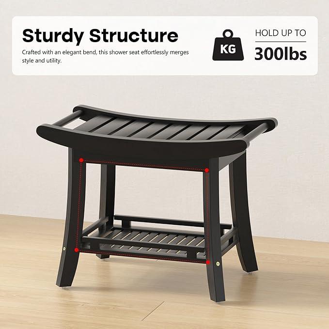 Eastglory Bamboo Shower Bench Chair Bathroom Shower Stool Seat for Inside Shower Bathtub with Storage Shelf Shower Foot Rest for Shaving Legs 25.2 x 13 x 19.2 Inches Black - ModernBath