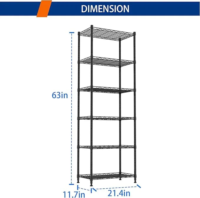 REGILLER 6 Wire Shelving Steel Storage Rack Adjustable Unit Shelves for Laundry Bathroom Kitchen Pantry Closet(Black,11.7" D x 21.4" W x 63" H) - ModernBath