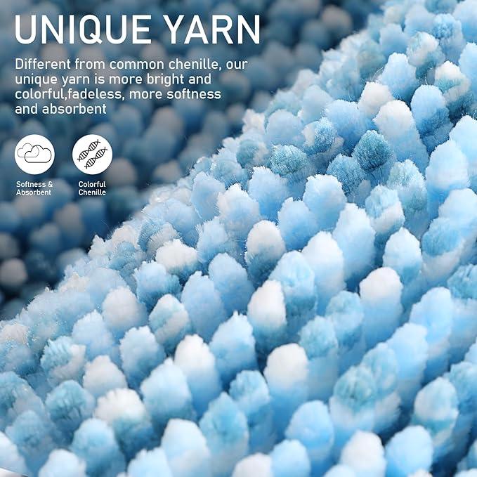 Yimobra Luxury Chenille U-Shaped Toilet Rug, Super Soft Shaggy Contour Bath Mat for Bathroom Floor, Fluffy, Water Absorbent, Non Slip, Machine Washable, Dry Quickly, 24''x 20'', Blue & Light Blue - ModernBath