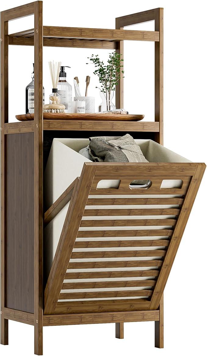 HITNET Bamboo Tilt Out Laundry Hamper, Bathroom Storage Cabinet with Hidden Removable Basket and 2 Open Shelves, Space Saving Bamboo Storage for Clothes, Towels and Toys, Walnut - ModernBath
