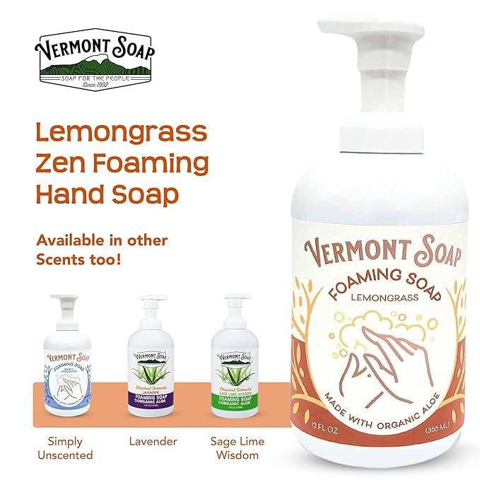 VERMONT SOAP Organic Lemongrass Zen Foaming Hand Soap - Natural Moisturizing Soap for Dry Skin - Fragrance Free Liquid Bathroom Hand Soap Dispenser - Lemongrass Zen - 12 oz - ModernBath