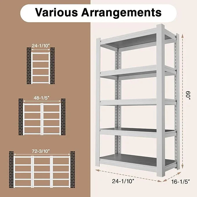 WORKPRO House 5-Tier Shelving Unit, 3000lbs Adjustable Storage Shelves, Boltless Book Shelf, Shelf Organizer for Kitchen, Living Room, Bathroom, Wood Grain Pattern, Waterproof Board, 24-1/10"W, White - ModernBath