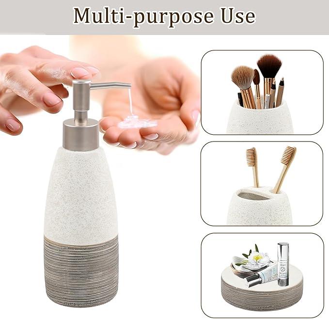 CERBIOR Bathroom Accessories Set,4 Pcs Ceramic Bathroom Decor Accessory,Includes Toothbrush Holder, Toothbrush Cup, Soap Dish for Decorative Countertop and Housewarming Gift, (Grey White) - ModernBath