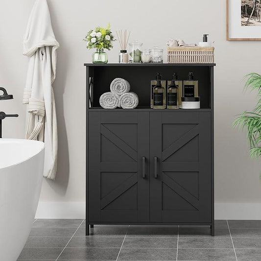 Homhedy Farmhouse Bathroom Storage Cabinet with 2 Doors, Toilet Paper Cabinet with Adjustable Shelves, Small Bathroom Cabinet for Kitchen/Laundry/Living Room, 11.8 x 23.6 x 31.5 Inches, Black - ModernBath