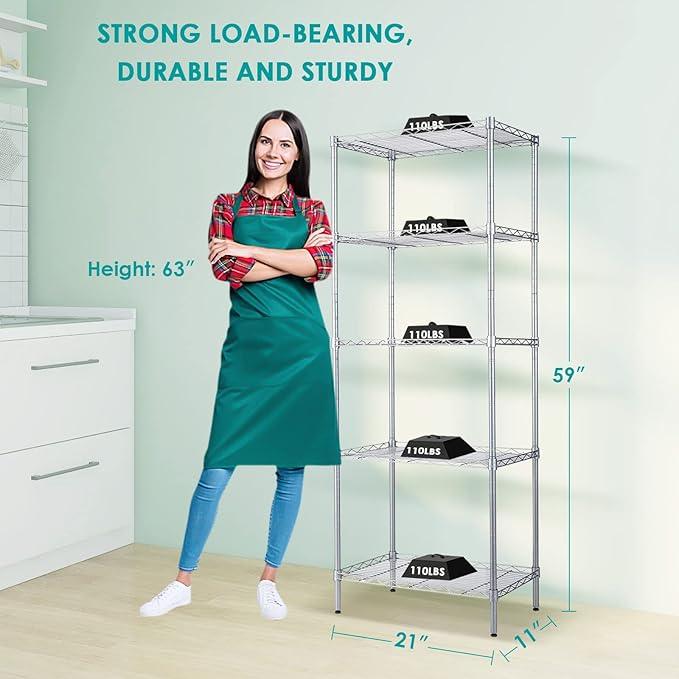 BNSPLY 5 Tier Wire Shelving Unit, Adjustable Wire Rack Shelving, Changeable Metal Wire Storage Shelves for Kitchen, Laundry, Bathroom, Balcony, Pantry (11.4" D x 21.3" W x 59" H, Silver) - ModernBath