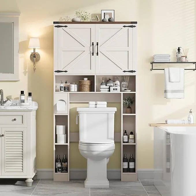 Over The Toilet Storage Cabinet, Farmhouse Storage Cabinet Over Toilet with 2 Barn Doors ，Toilet Paper Holder Stand，Home Space-Saving Toilet Rack, for Laundry, Restroom, Bathroom - ModernBath