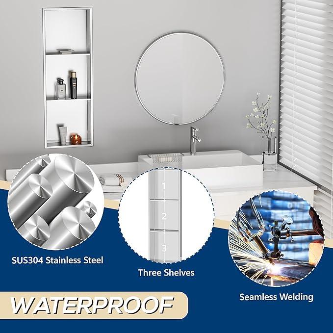 Qeke Stainless Steel Shower Niche 12" X 36", Bathroom Wall Niche Three-Tier, No Tile Needed Recessed Shower Shelf for Bathroom Storage, Brushed Nickel - ModernBath