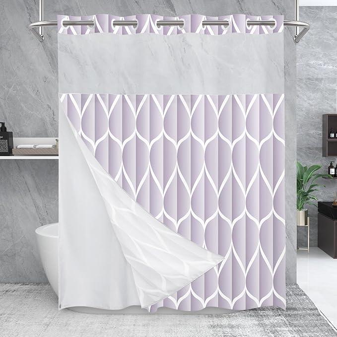 Yiatn No Hook Plum Shower Curtain with Snap in Fabric Liner Set - Hotel Style with See Through Mesh Top Window, Modern Geometric Waterdrop Design,Waterproof and Washable, 71x74 INCH - ModernBath