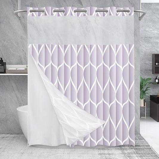 Yiatn No Hook Plum Shower Curtain with Snap in Fabric Liner Set - Hotel Style with See Through Mesh Top Window, Modern Geometric Waterdrop Design,Waterproof and Washable, 71x74 INCH - ModernBath