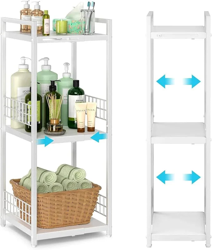 Expandable Slim Storage Shelf, 3 Tier Metal Shelving Unit for Bathroom Storage Organizer, Free-Standing Narrow Shelf, Open Floor Shelves for Small Spaces,Laundry,Bathroom,Kitchen, White - ModernBath