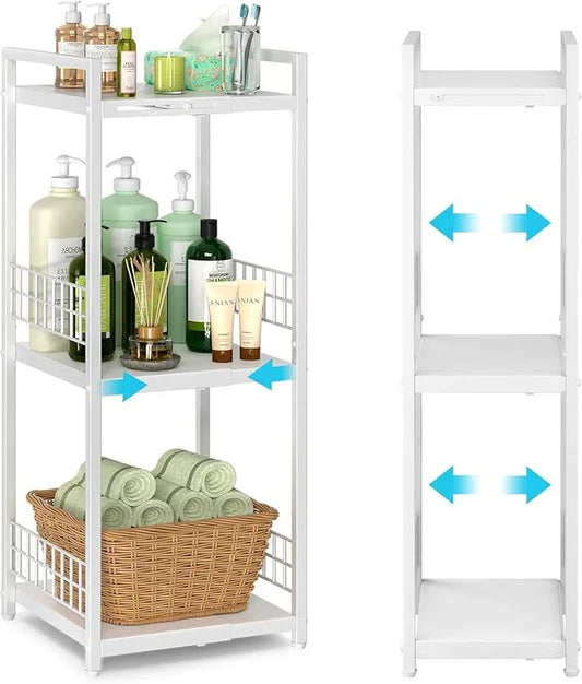 Expandable Slim Storage Shelf, 3 Tier Metal Shelving Unit for Bathroom Storage Organizer, Free-Standing Narrow Shelf, Open Floor Shelves for Small Spaces,Laundry,Bathroom,Kitchen, White - ModernBath