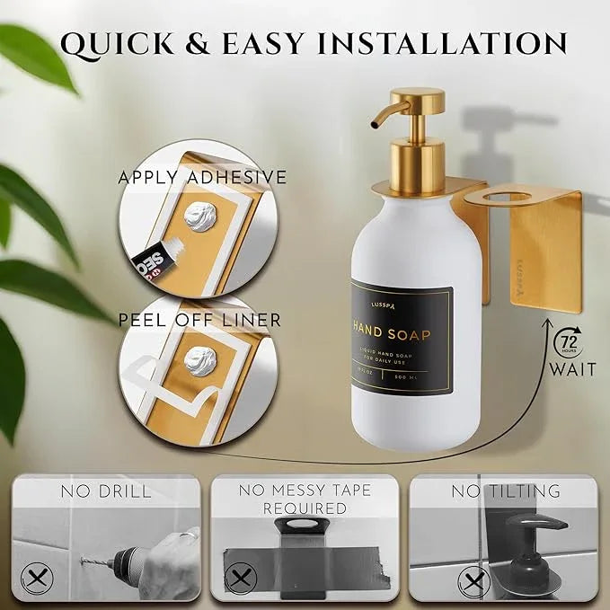 Shampoo & Conditioner Dispenser - Shower Soap Dispenser Wall Mounted - 16.9 Oz Plastic Bottle with Pump & Holder - Shampoo Dispenser - Shower Dispenser Chamber No Drill (1 X White/Gold) - ModernBath