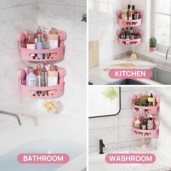 LEVERLOC Corner Shower Caddy Suction Cup, shower shelves suction cup, 2 Pack Basket Powerful Bathroom, Waterproof & Oil-proof Organizer for Kitchen, No-Drilling Removable (Pink) - ModernBath