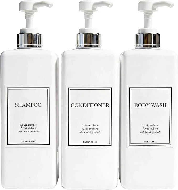 Shampoo and Conditioner Dispenser - Modern Design Large 27oz Shower Soap Dispenser Set of 3, Refillable Empty Plastic Pump Bottles for Bathroom, 6 Waterproof Labels Included, White & Silver - ModernBath