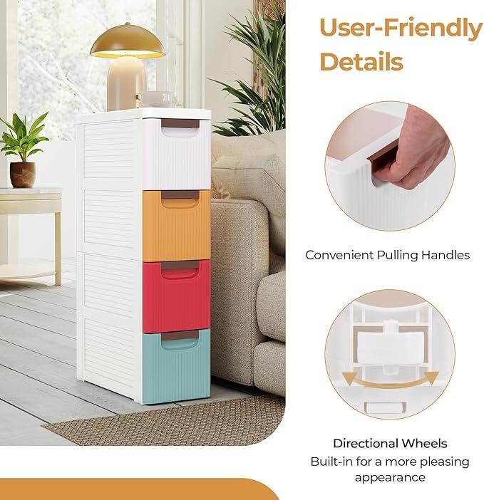 Giantex 4 Drawers Storage Cart, Narrow Plastic Dresser, Rolling Organizer Cart for Office Classroom Bedroom Bathroom Art Craft Supplies, Mobile Slim Utility Cart on Wheels, Multicolor - ModernBath