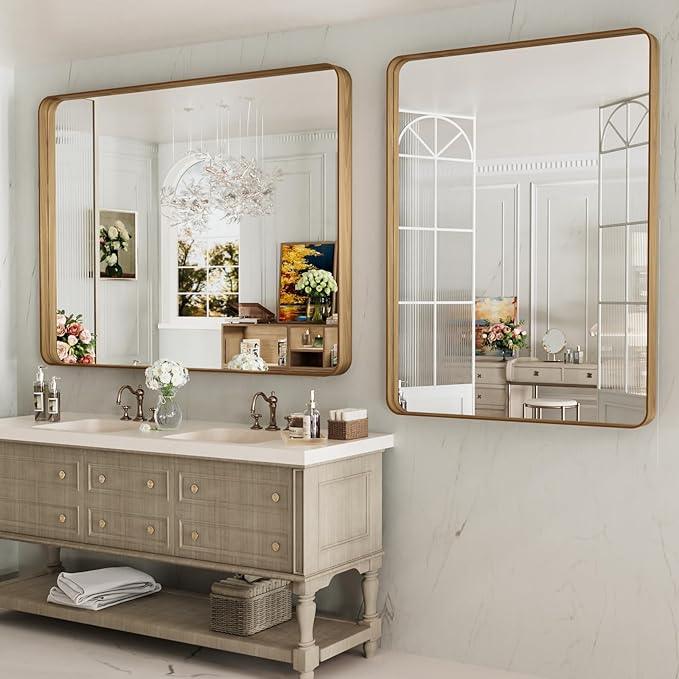 LOAAO 48X36 Inch Bathroom Mirror with Wood Grain Colored Metal Frame, Rounded Rectangle Metal Framed Bathroom Mirror, Anti-Rust, Hangs Horizontally or Vertically, Tempered Glass - ModernBath