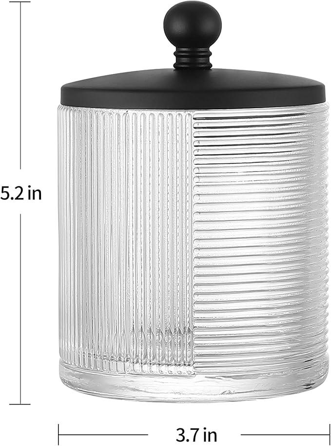 Indecor Home Clear Transparent Apothecary Ribbed Geometric Etched Glass Jar W/Matte Black Metal Lid Cover for Bathroom Organization, Cotton Balls, Q Tips, and Small Accessories, Bathroom Storage - ModernBath