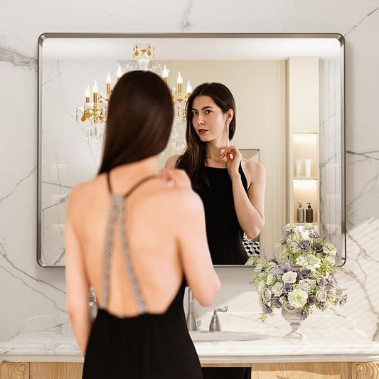 LOAAO 48X36 Inch Brushed Nickel Bathroom Mirror, Rounded Rectangle Silver Metal Frame Mirror, Brushed Nickel, Anti-Rust, Shatter Proof, Hangs Horizontally or Vertically - ModernBath