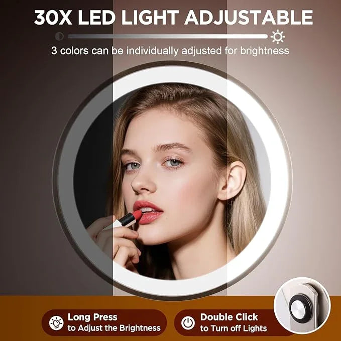 Makeup Mirror with Light, 30x Magnifying Mirror with 3 Lights Colors, 5000mAh Vanity Mirror Brushed Nickel - 360° Rotation, Brightness Adjustable Magnification, Modern Style Side Touch + Side Charge - ModernBath