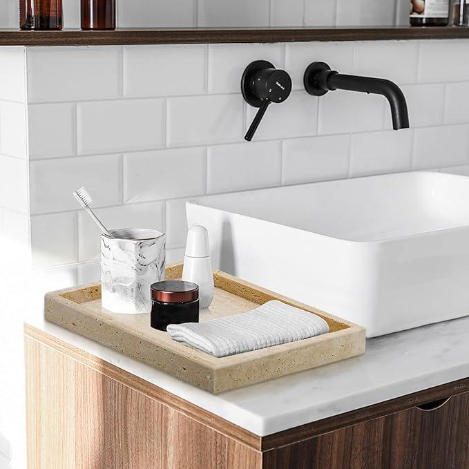 MULWR Travertine Tray,Bathroom Vanity Tray Non-Ceramic/Non-Resin,Marble Perfume Decorative Tray 12 x 8 inch (Travertine) - ModernBath