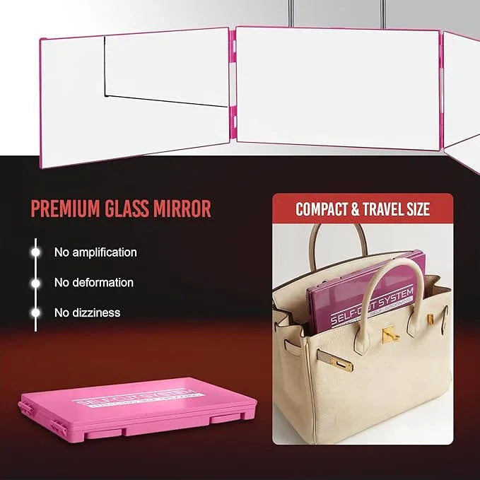Self-Cut System 3 Way Mirror for Braiding Hair, Styling & Hair Coloring - Tri-Fold Three Way Mirror with Telescoping Hooks - Compact & Travel Size - Over-the-Door Mount for DIY Haircuts, Makeup - Pink - ModernBath