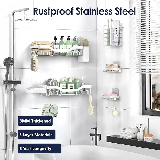 Shower Caddy Adhesive Shower Organizer 7-Pack, Rustproof Stainless Steel Bathroom Shelves, Large Capacity No-Drill Rack Storage Accessories with Soap Dish Toothbrush Holder Hooks (White) - ModernBath