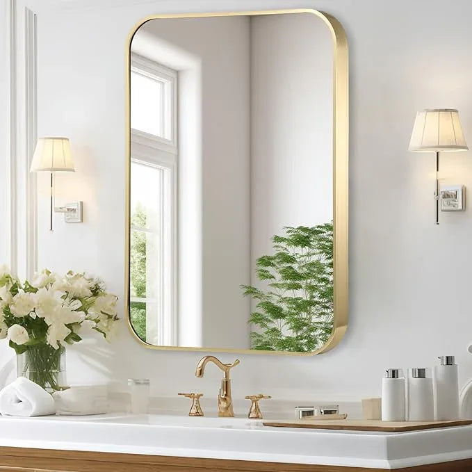 CLBA Gold Bathroom Mirror, 20x30 Inch Brushed Gold Mirror, Aluminum Alloy Framed Vanity Mirror, Rounded Rectangle Bathroom Mirror for Over Sink, Anti-Rust Wall Mirror (Horizontally or Vertically) - ModernBath