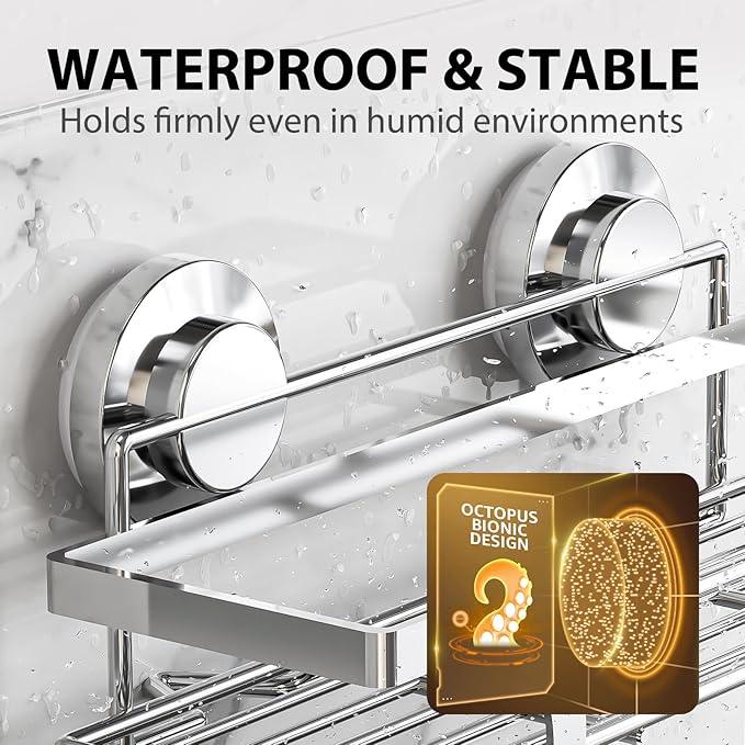 LEVERLOC Shower Caddy Suction Cup 2 Pack, Shower Shelf for Inside, Large Capacity Bathroom Organizers and Storage, Rustproof & Waterproof Metal Bath Basket, No-Drilling, Heavy Duty, Silver - ModernBath
